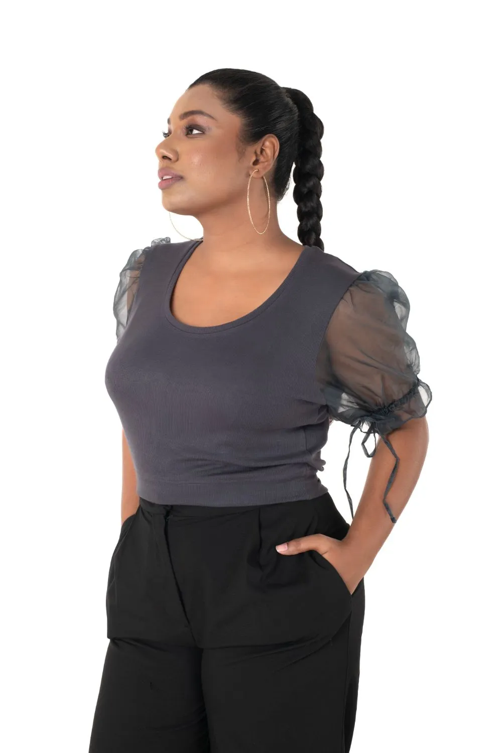 Round neck Blouses with Puffy Organza Sleeves