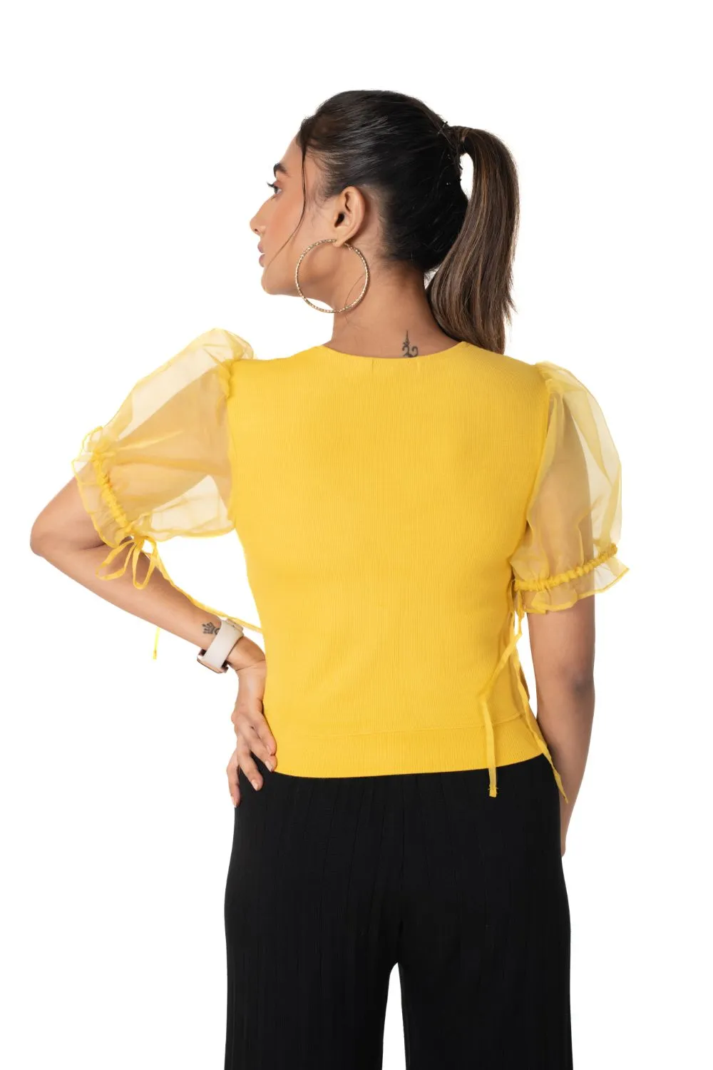 Round neck Blouses with Puffy Organza Sleeves