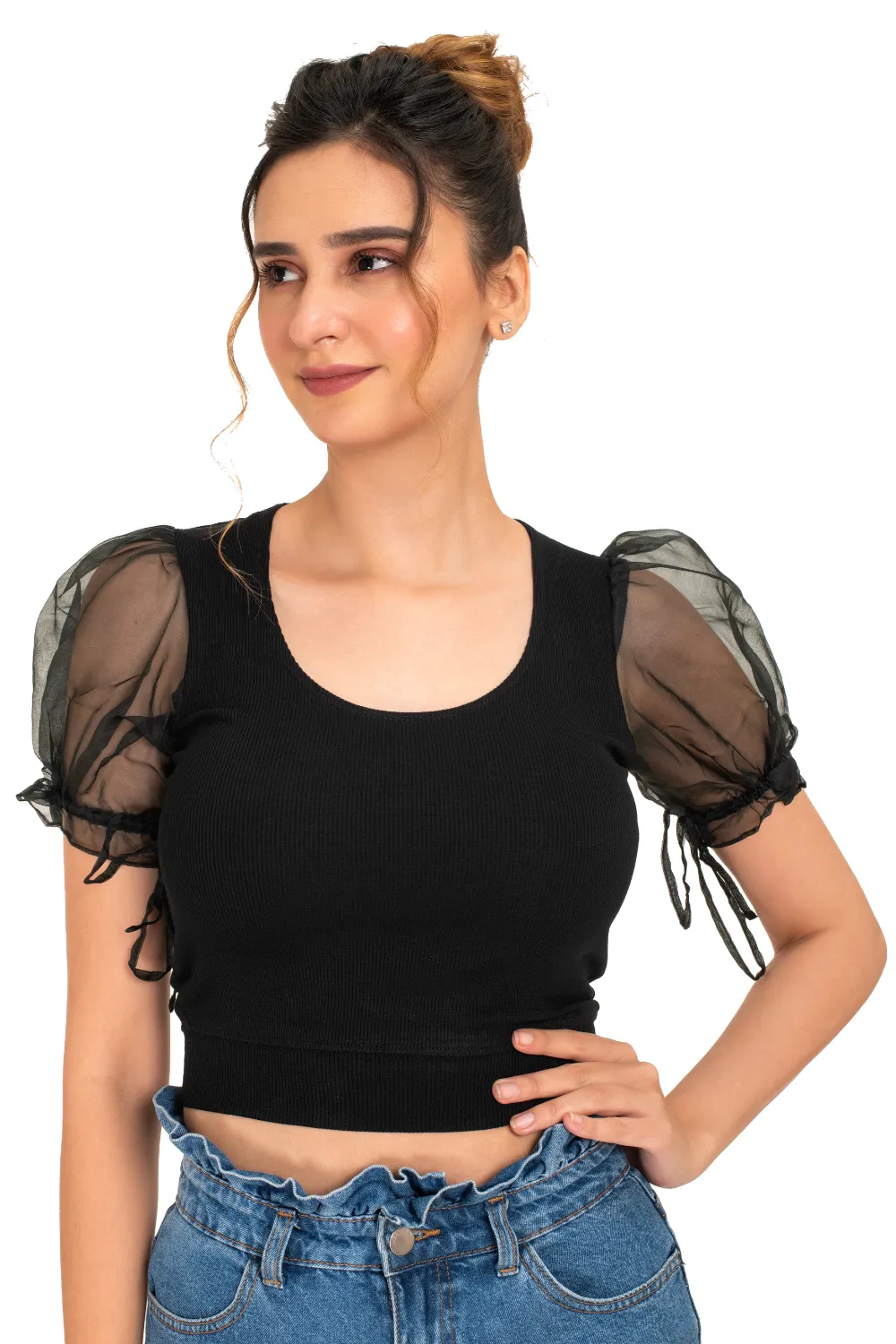 Round neck Blouses with Puffy Organza Sleeves