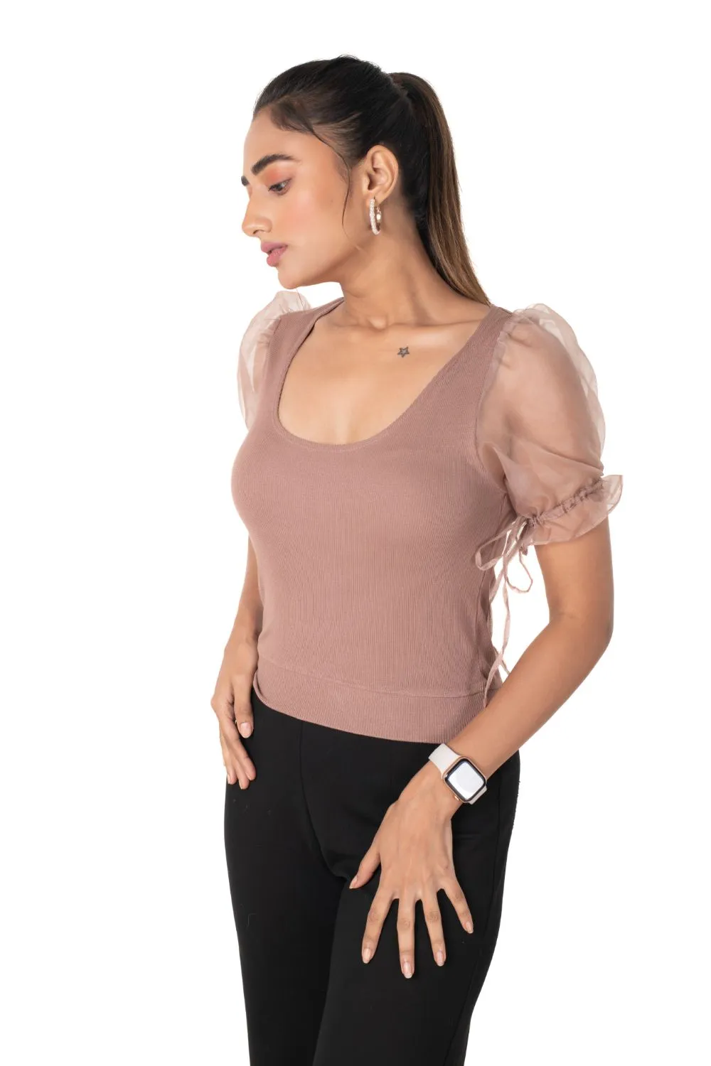 Round neck Blouses with Puffy Organza Sleeves