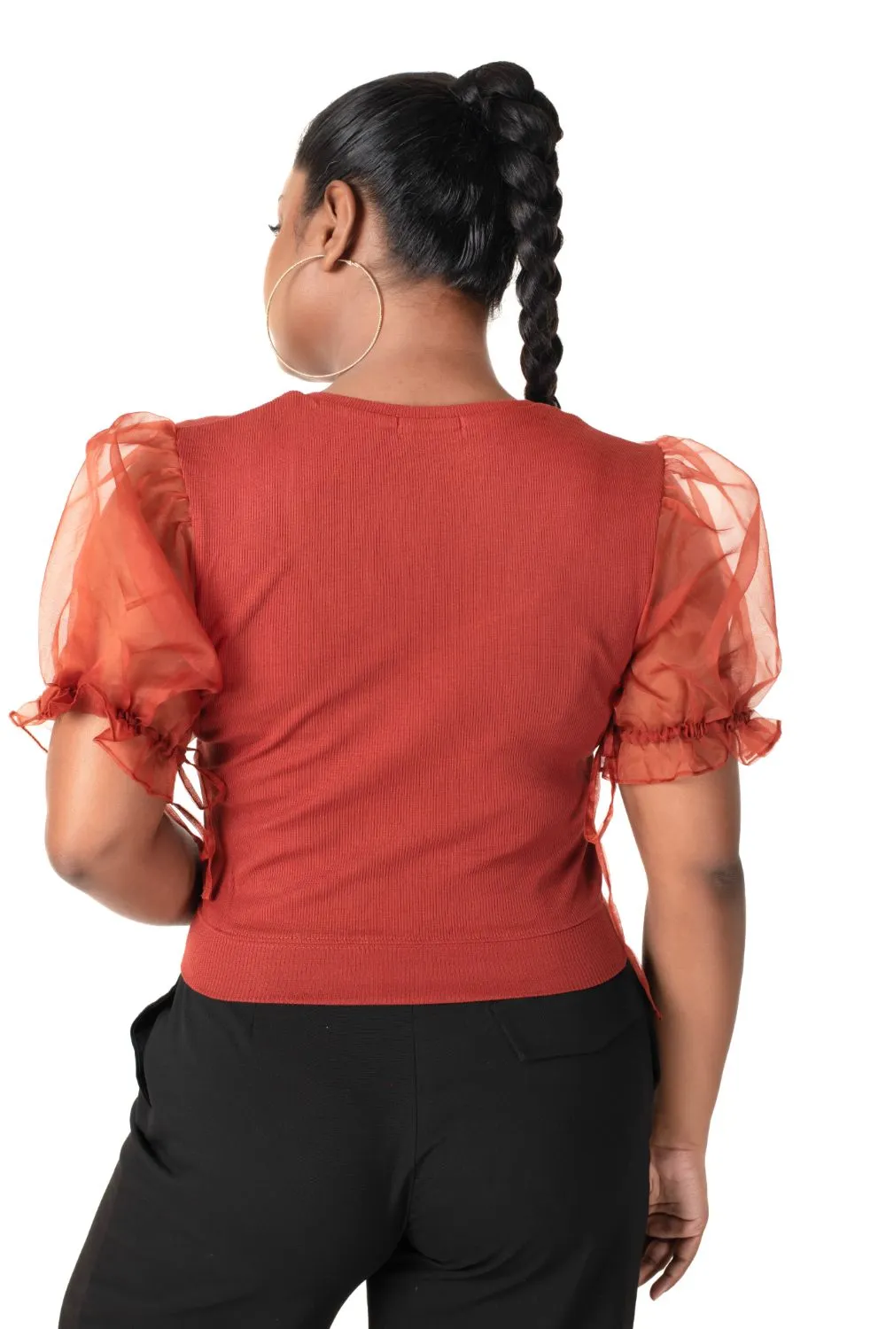 Round neck Blouses with Puffy Organza Sleeves