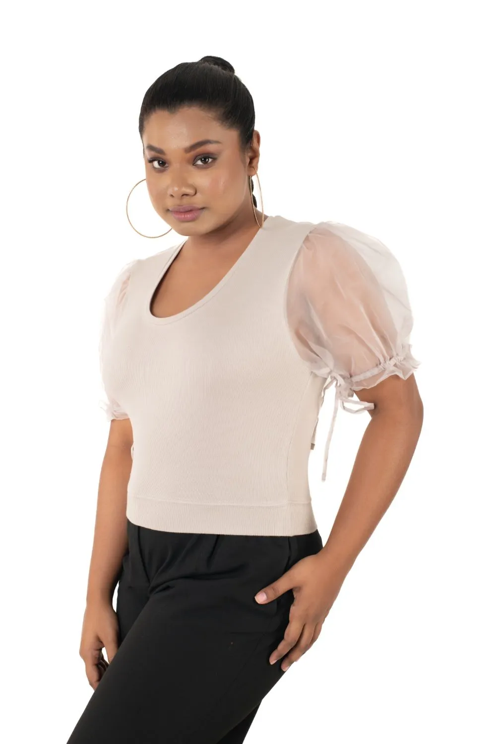 Round neck Blouses with Puffy Organza Sleeves