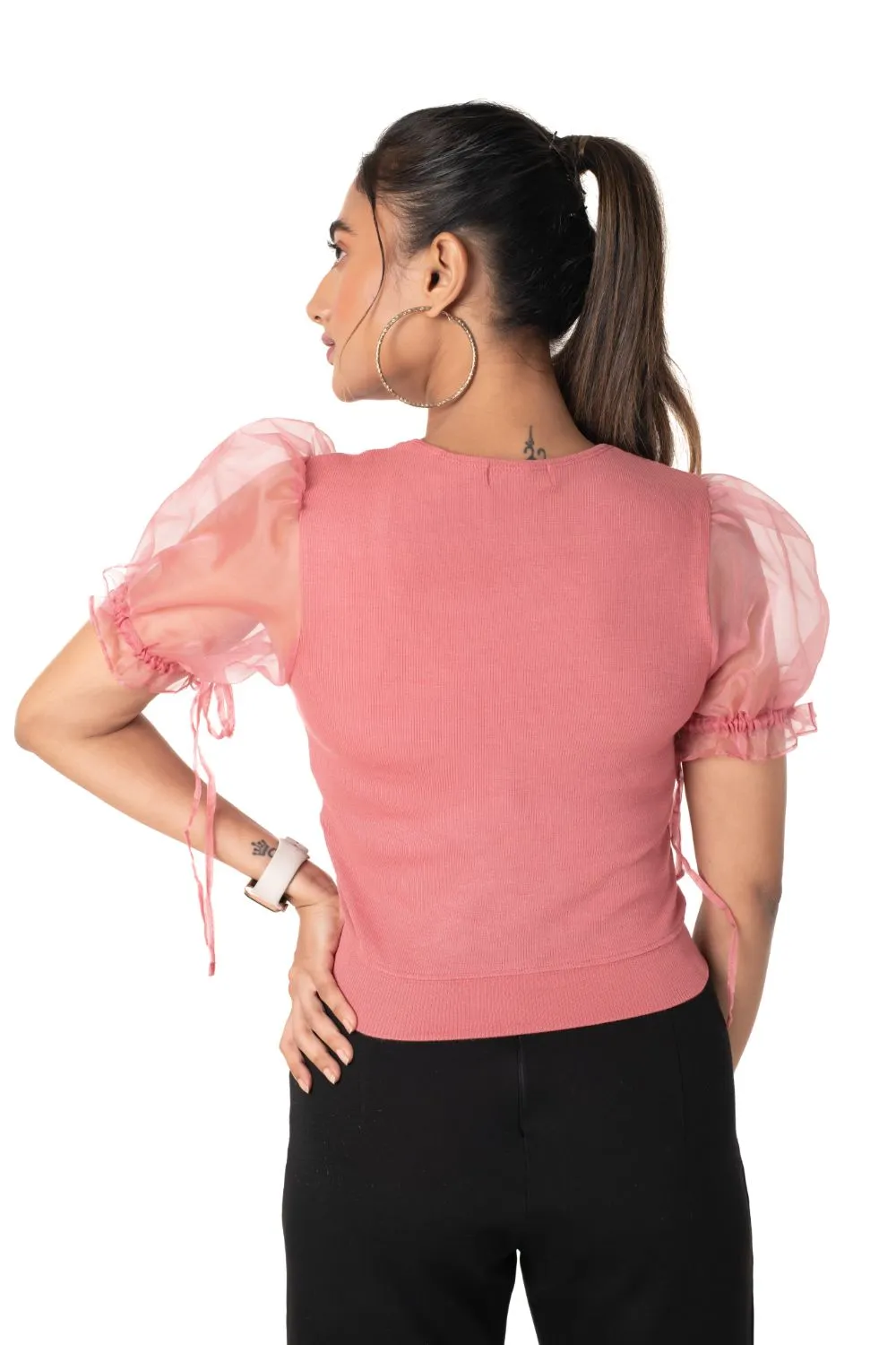 Round neck Blouses with Puffy Organza Sleeves