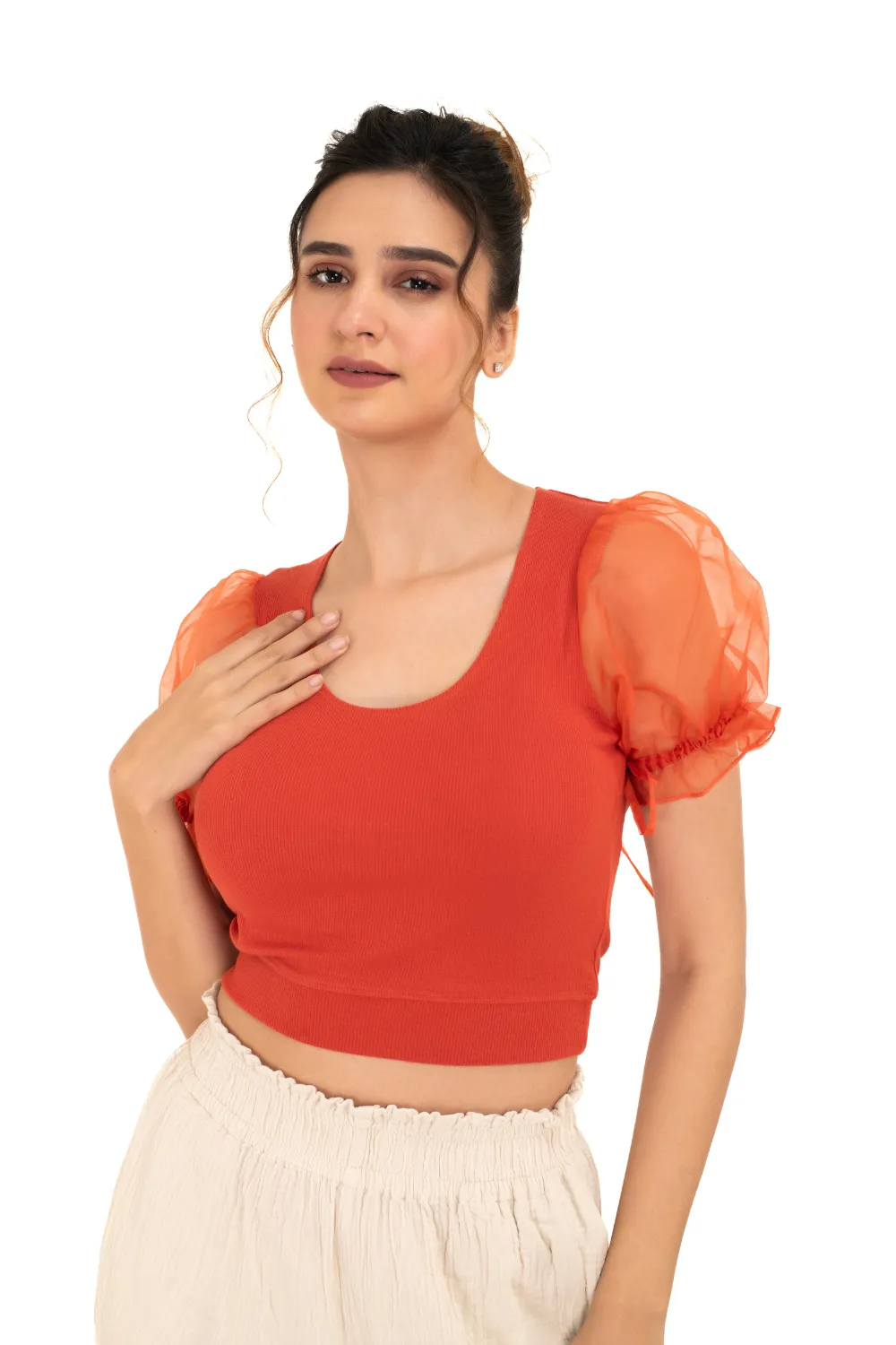 Round neck Blouses with Puffy Organza Sleeves