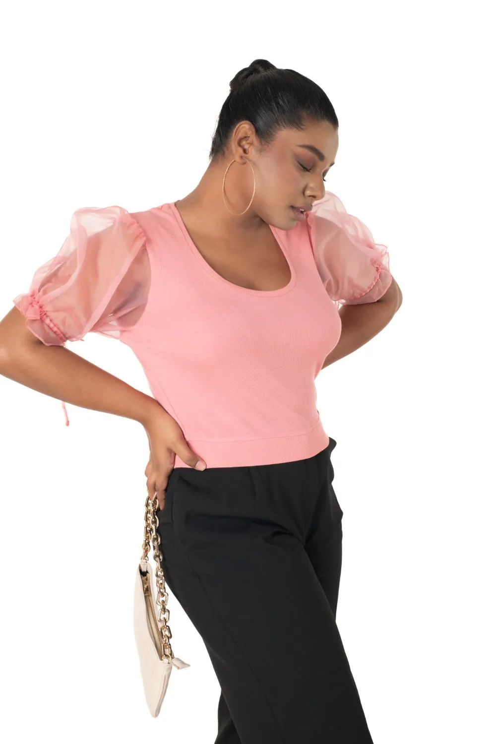 Round neck Blouses with Puffy Organza Sleeves