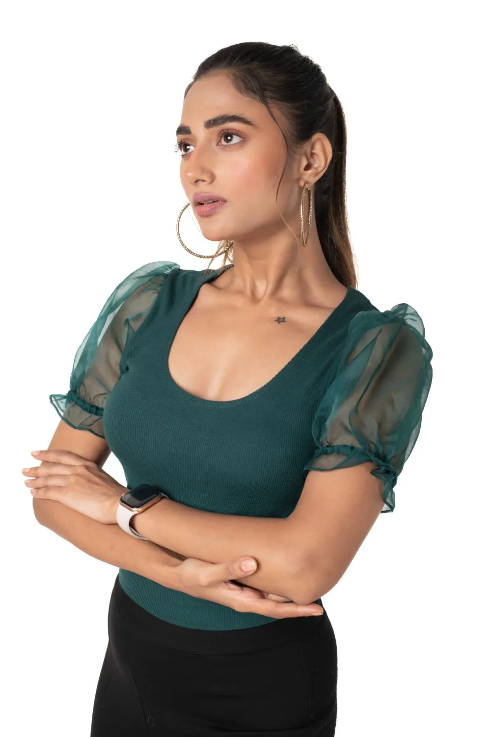 Round neck Blouses with Puffy Organza Sleeves