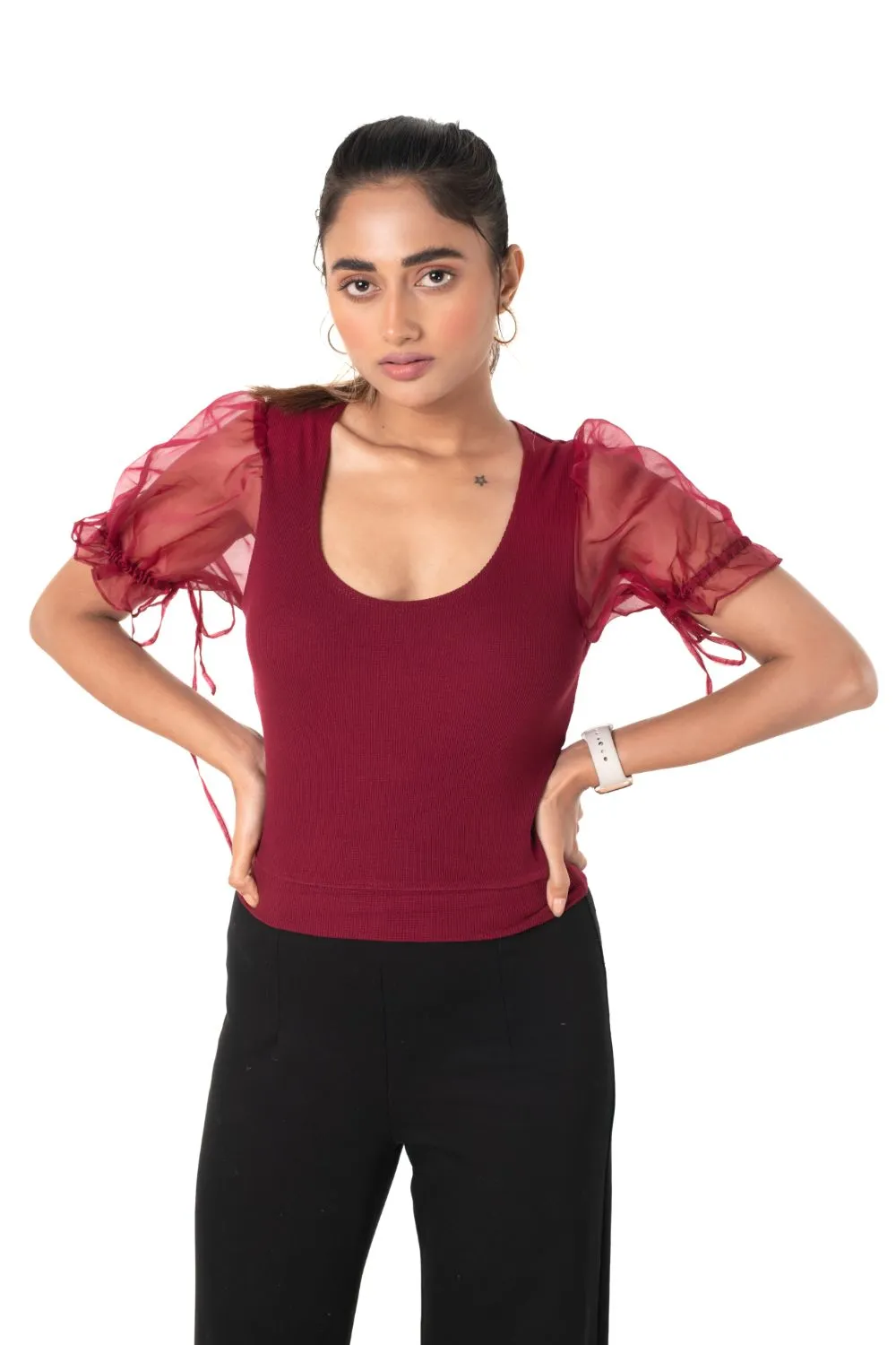 Round neck Blouses with Puffy Organza Sleeves