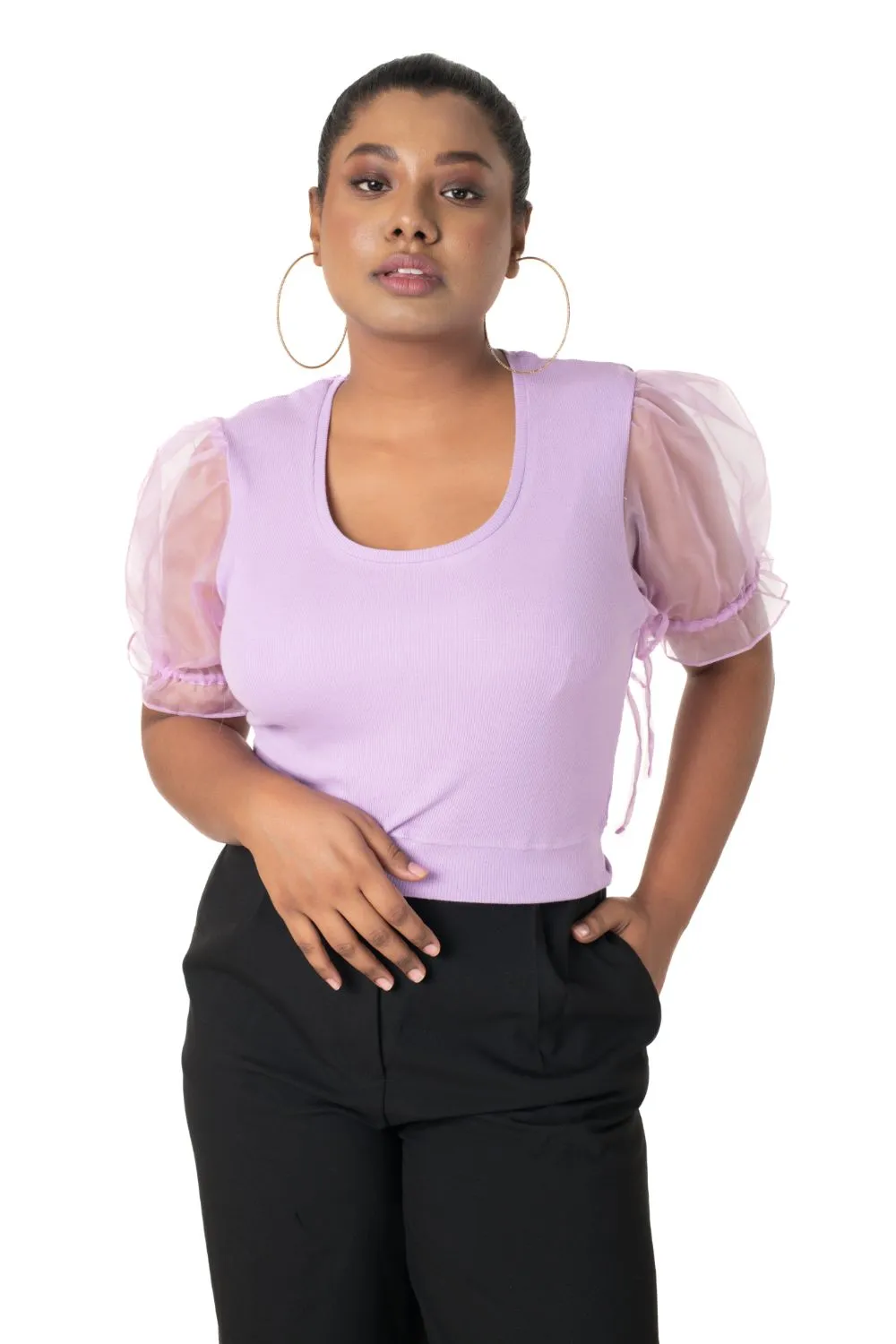 Round neck Blouses with Puffy Organza Sleeves