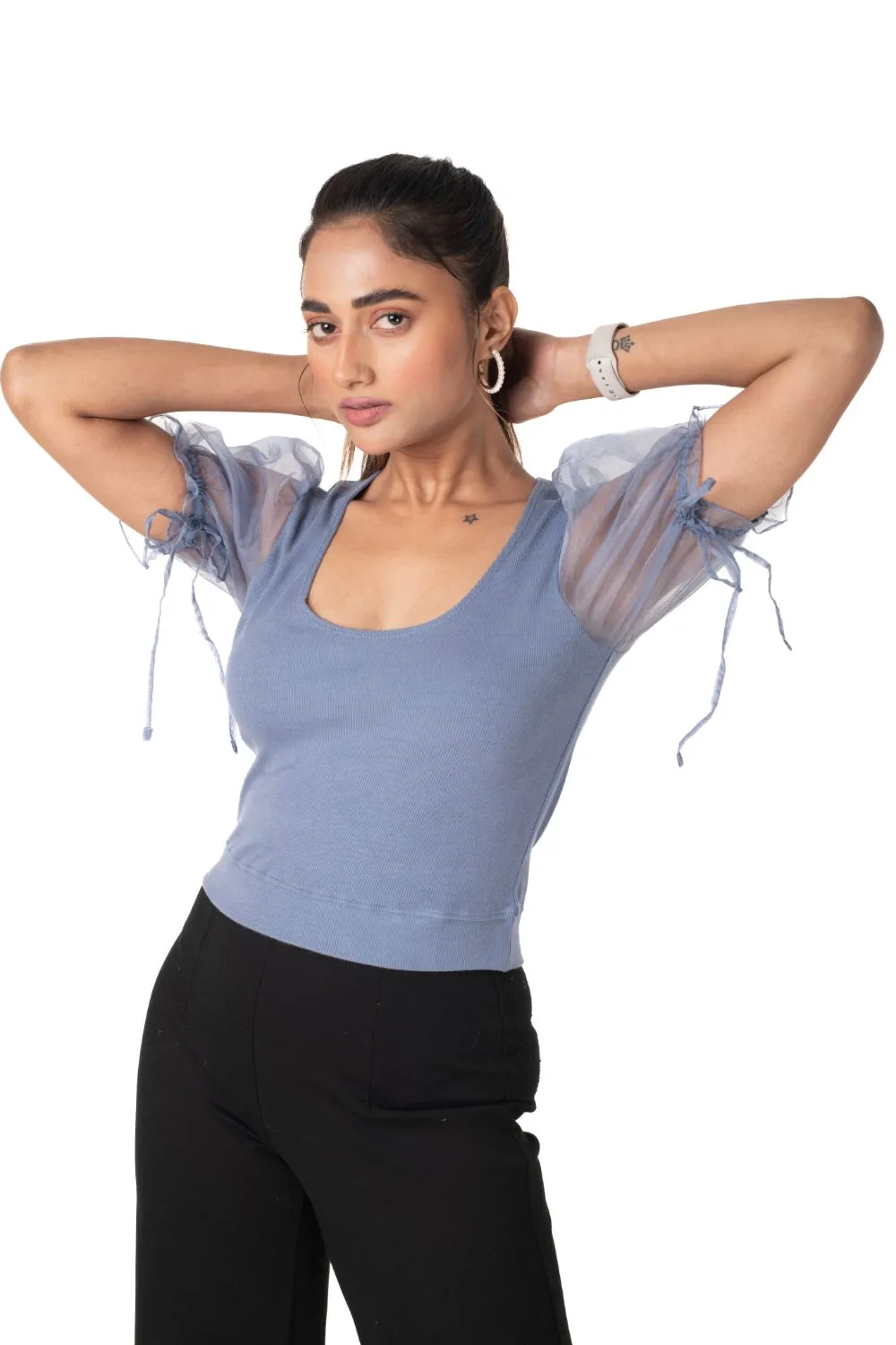 Round neck Blouses with Puffy Organza Sleeves