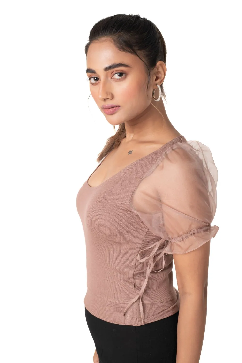 Round neck Blouses with Puffy Organza Sleeves