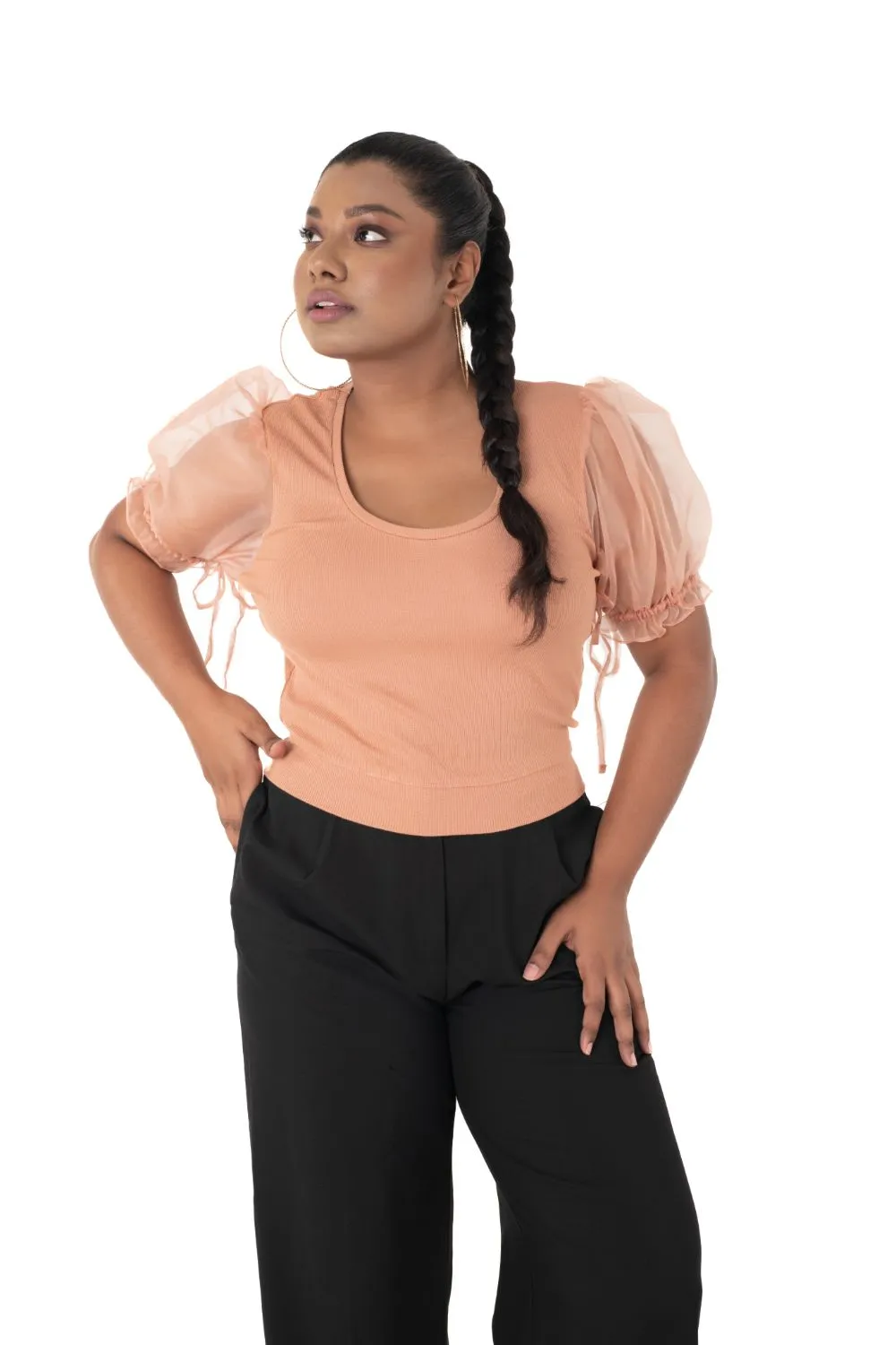 Round neck Blouses with Puffy Organza Sleeves