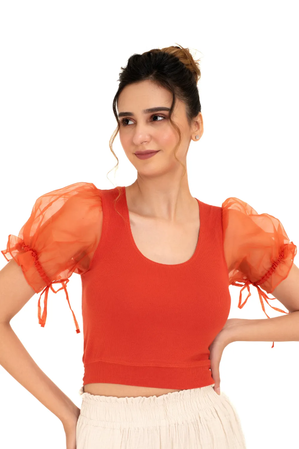 Round neck Blouses with Puffy Organza Sleeves