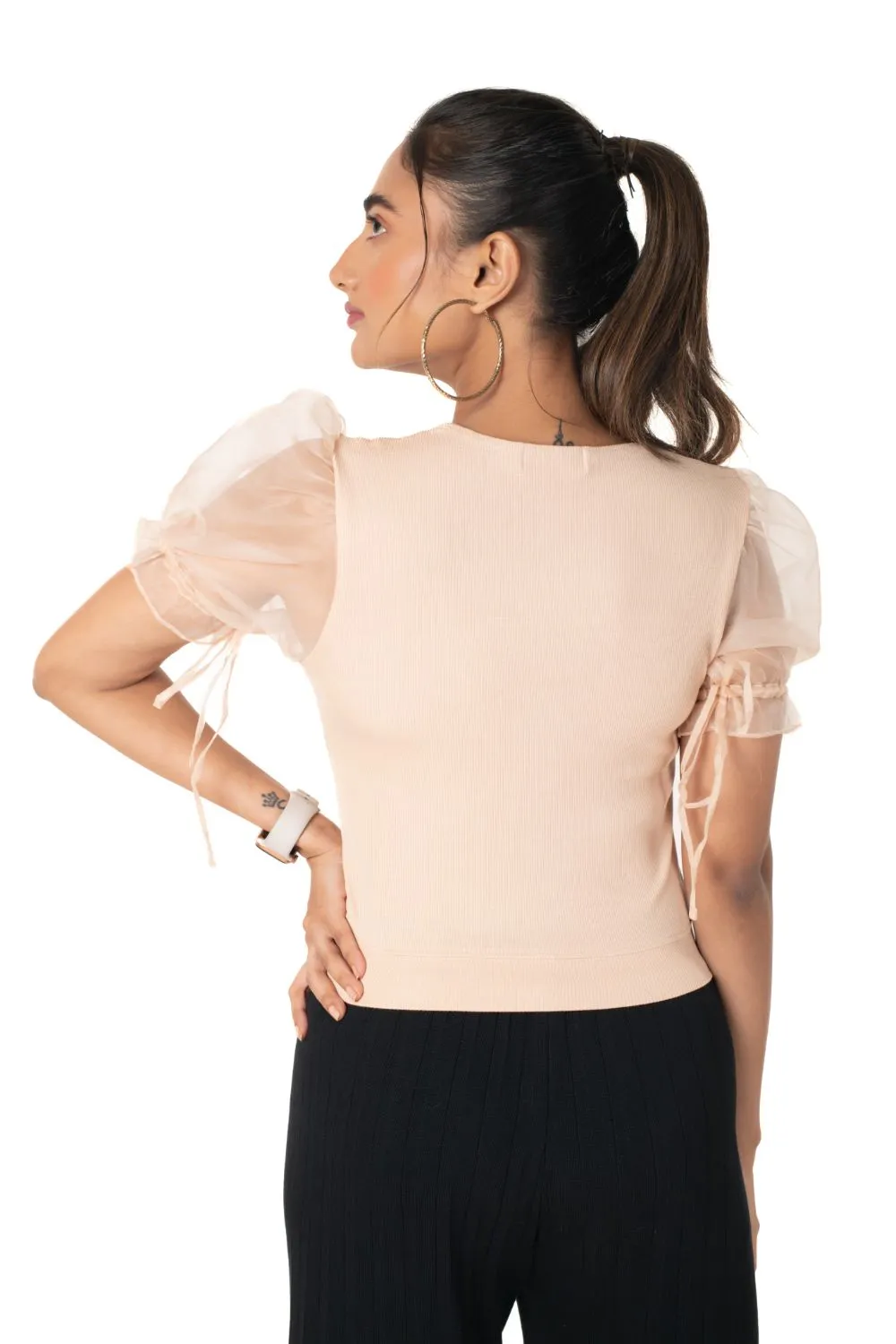 Round neck Blouses with Puffy Organza Sleeves