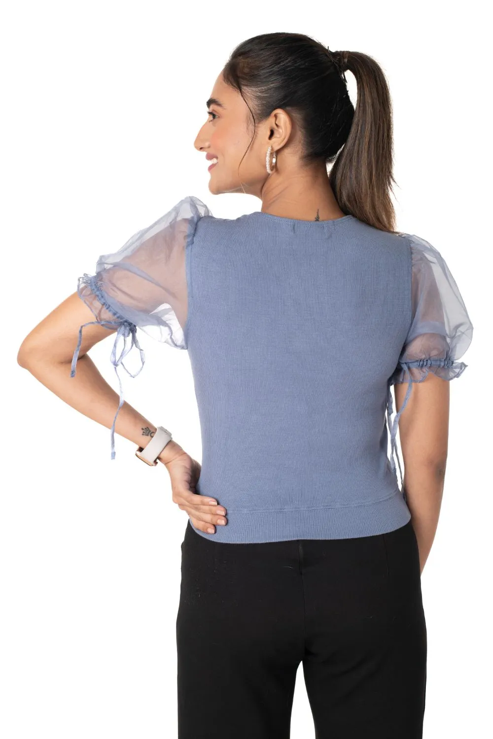 Round neck Blouses with Puffy Organza Sleeves