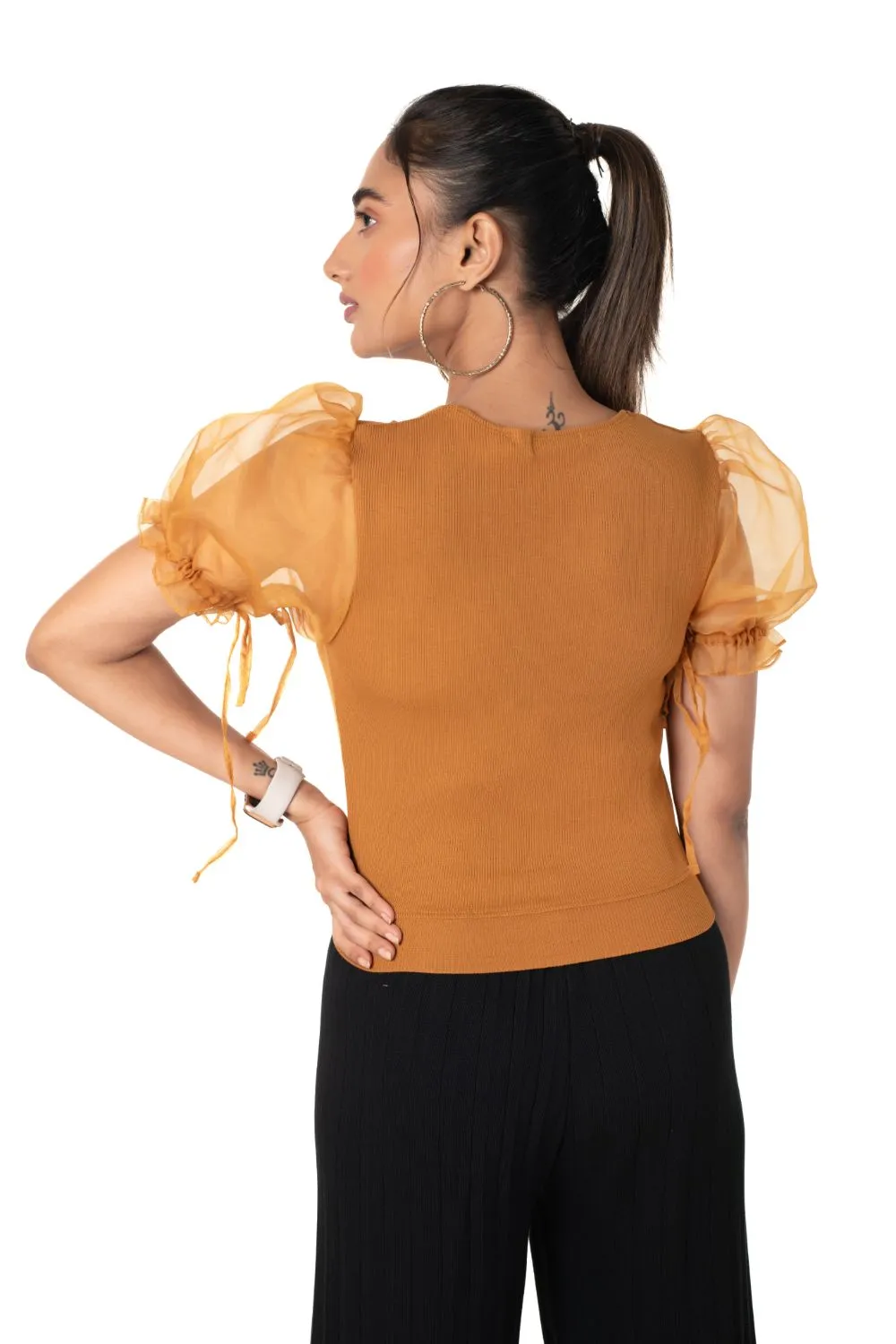 Round neck Blouses with Puffy Organza Sleeves