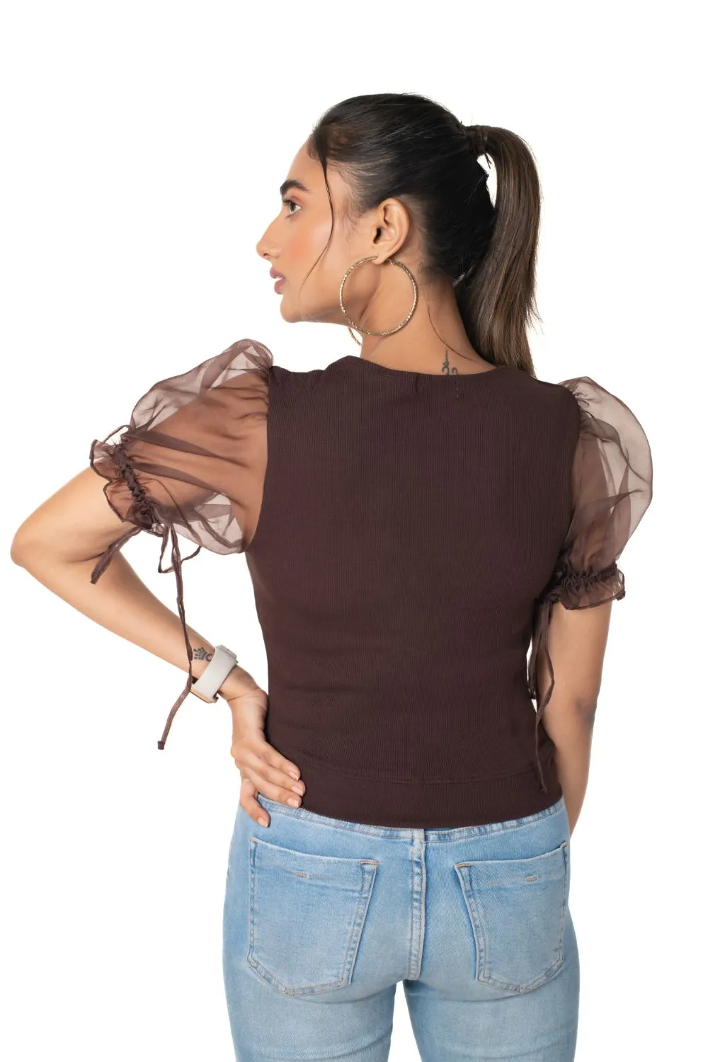 Round neck Blouses with Puffy Organza Sleeves