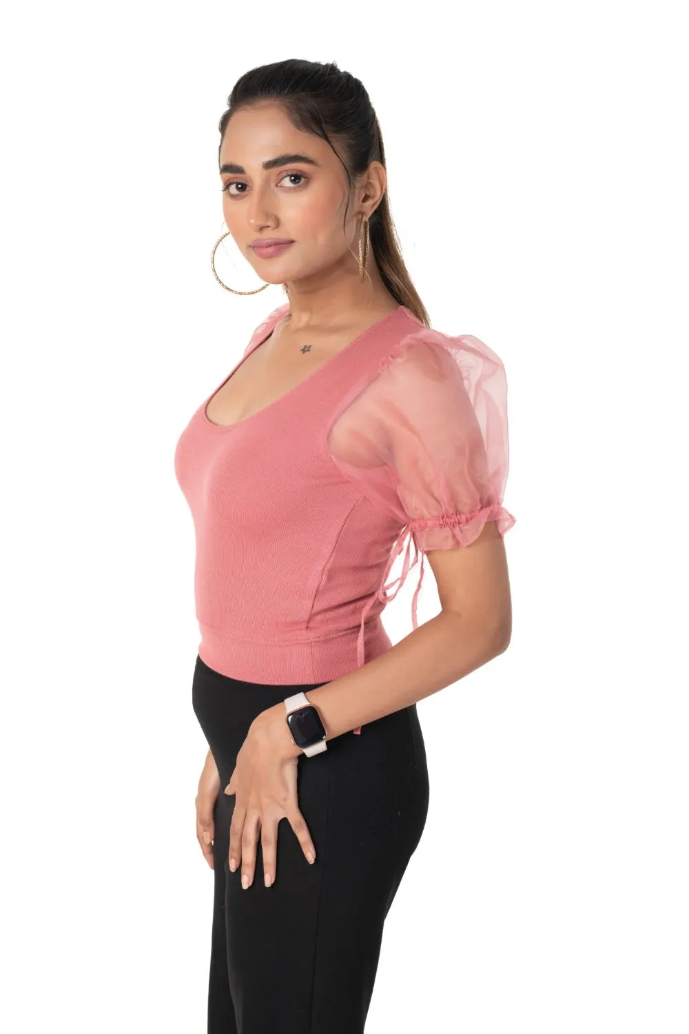 Round neck Blouses with Puffy Organza Sleeves