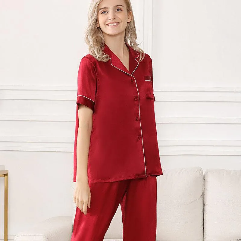 Silk Pajama Set for Women Short Sleeve Long Pant Women's Soft Silk Sleepwear