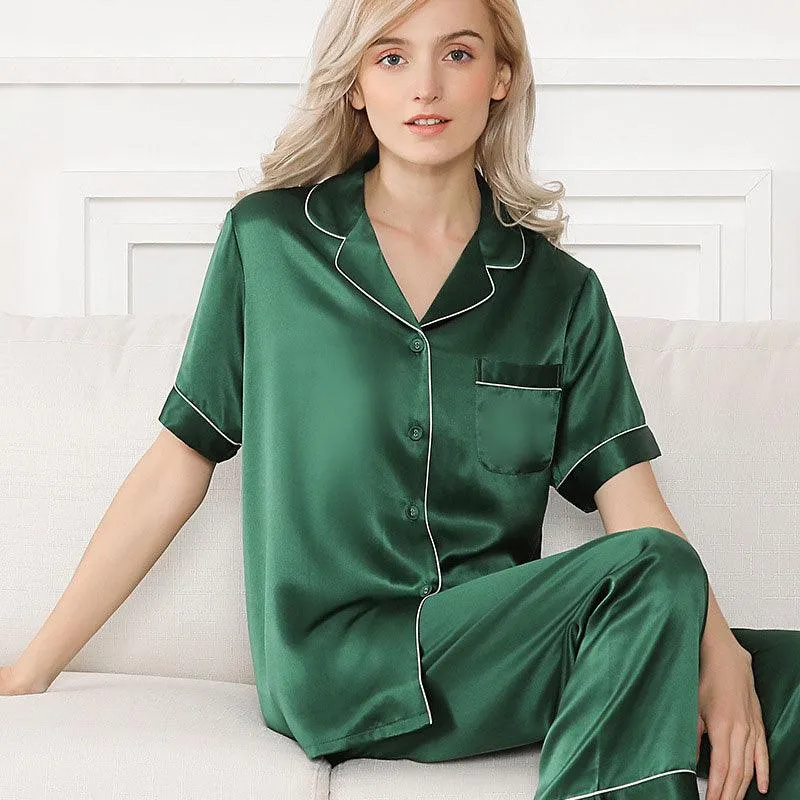 Silk Pajama Set for Women Short Sleeve Long Pant Women's Soft Silk Sleepwear