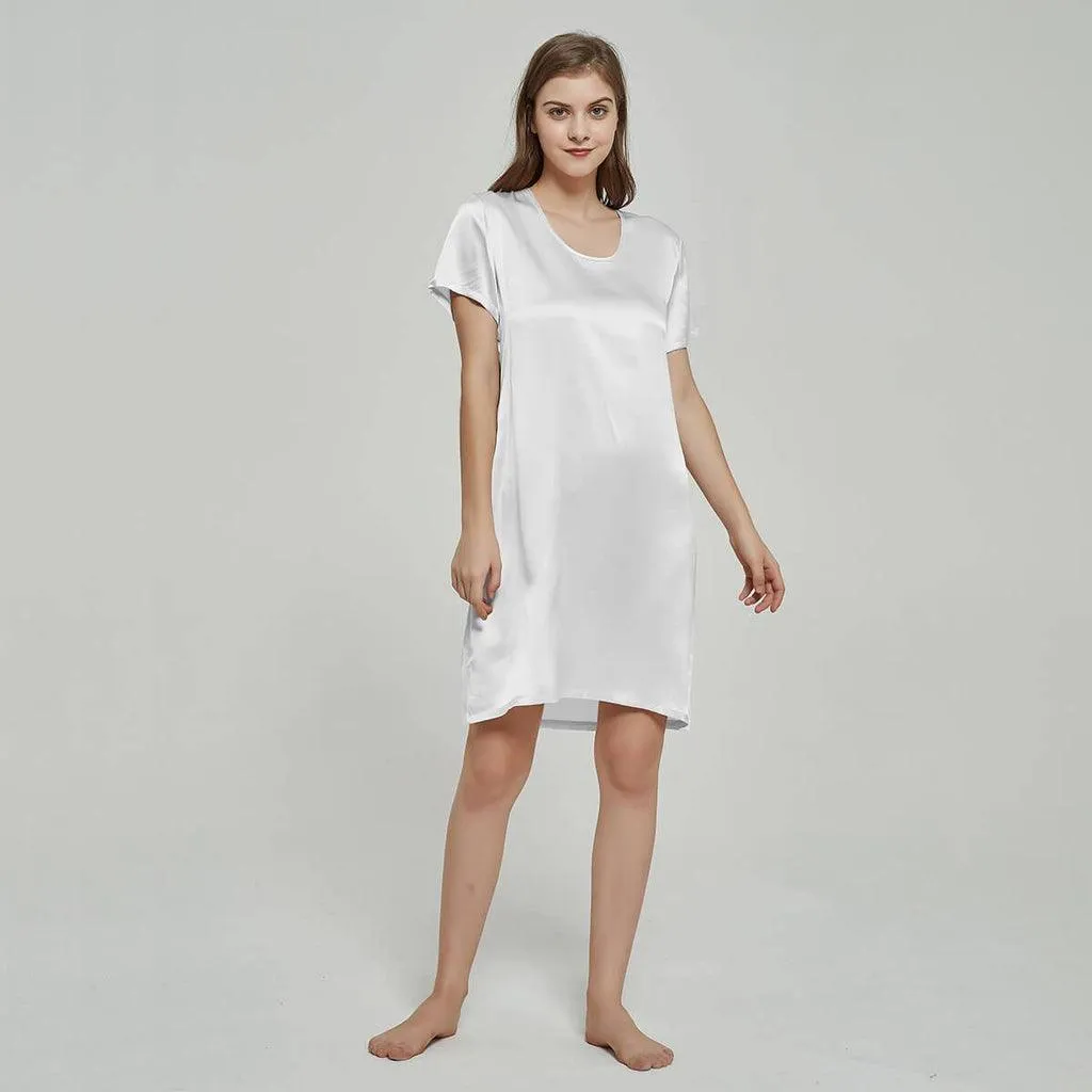 Simple Leisure Womens Silk Nightgown 100%  Mulberry Silk Short Sleeves Night Dress Sleepwear