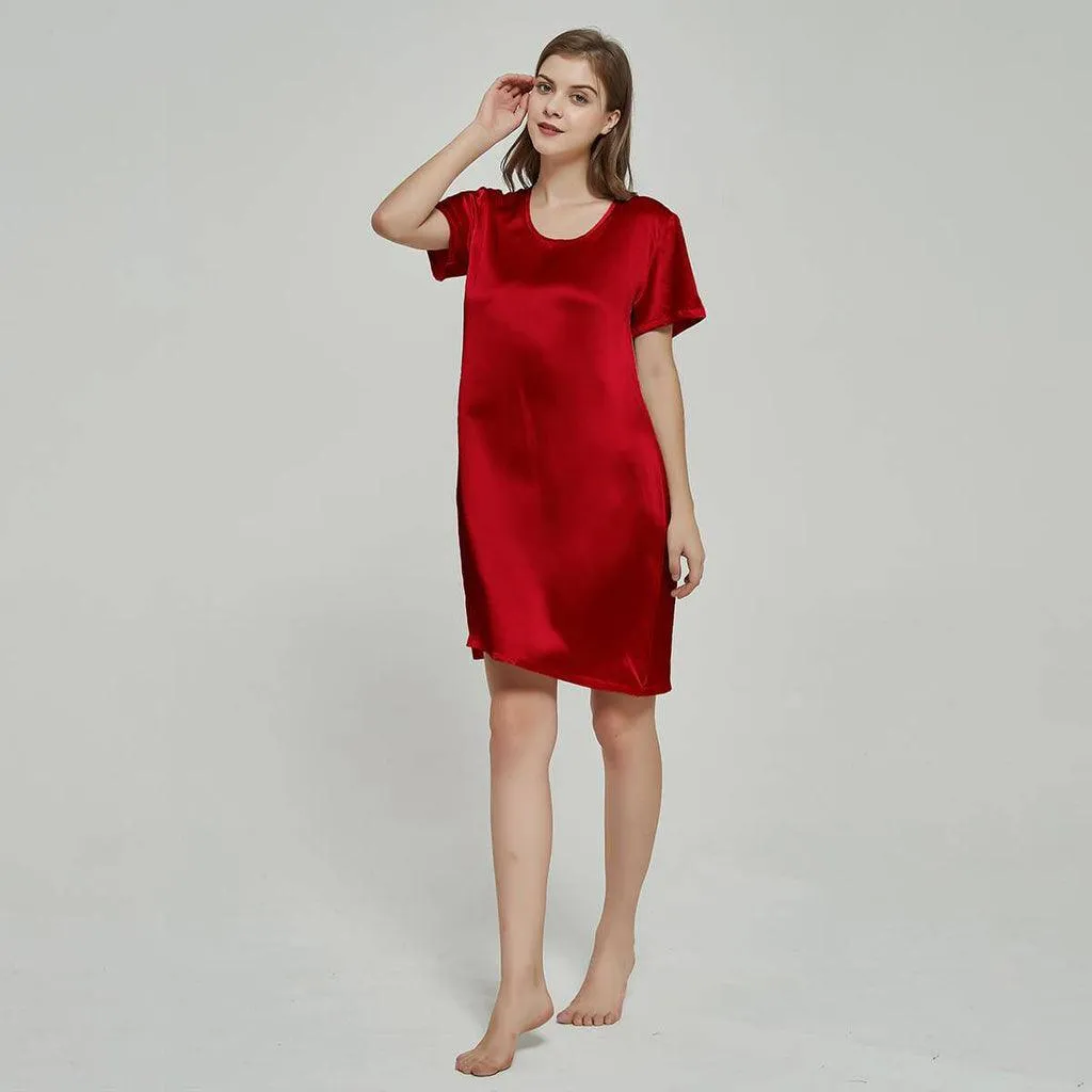 Simple Leisure Womens Silk Nightgown 100%  Mulberry Silk Short Sleeves Night Dress Sleepwear