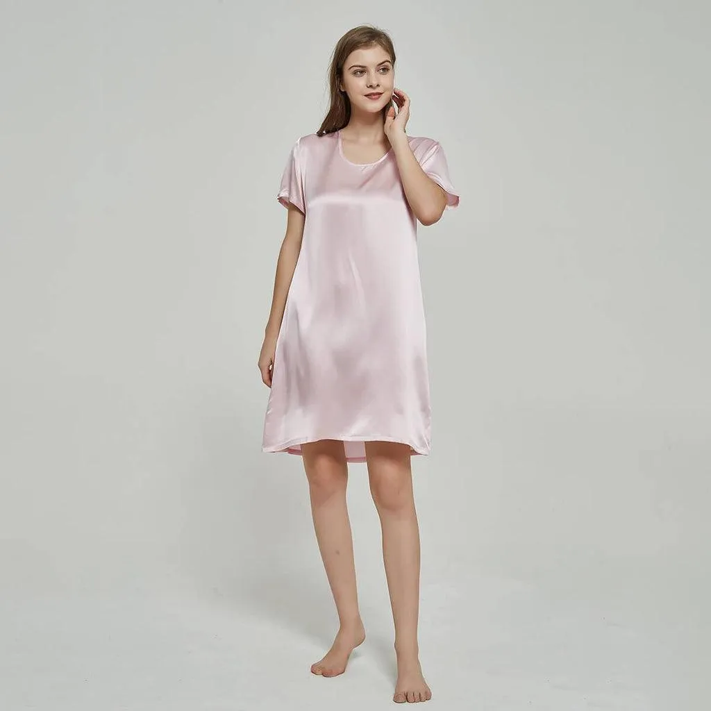 Simple Leisure Womens Silk Nightgown 100%  Mulberry Silk Short Sleeves Night Dress Sleepwear