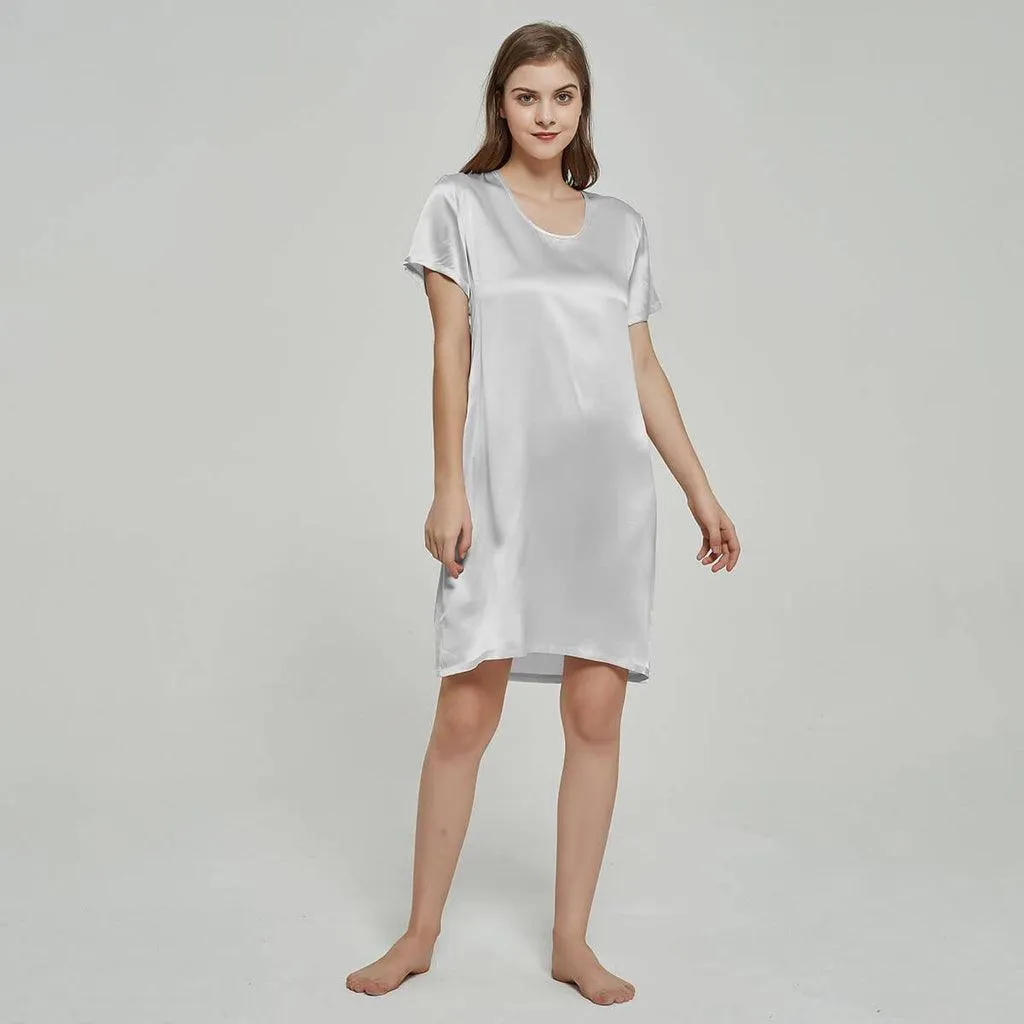 Simple Leisure Womens Silk Nightgown 100%  Mulberry Silk Short Sleeves Night Dress Sleepwear