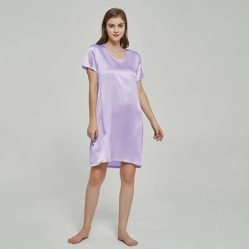 Simple Leisure Womens Silk Nightgown 100%  Mulberry Silk Short Sleeves Night Dress Sleepwear