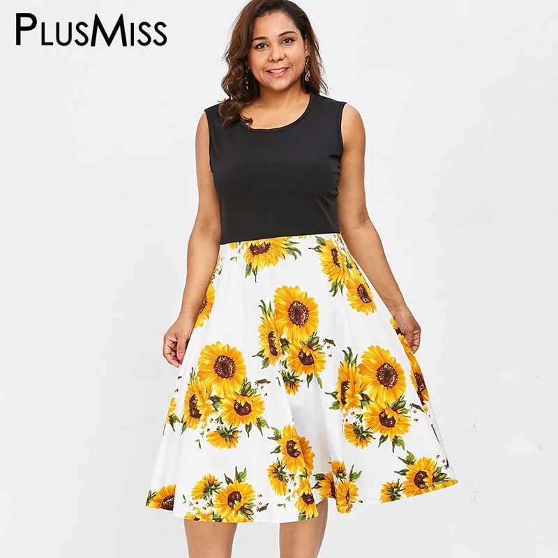 Sleeveless Sunflower Print Dresses