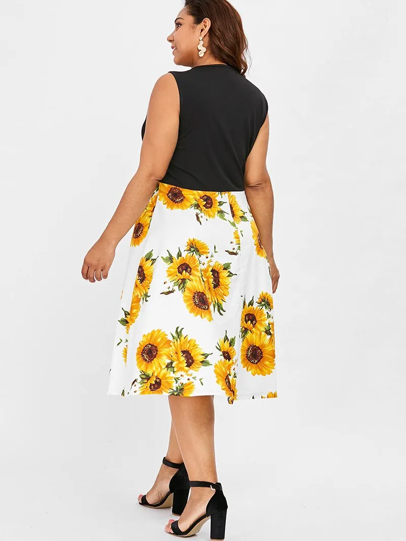 Sleeveless Sunflower Print Dresses