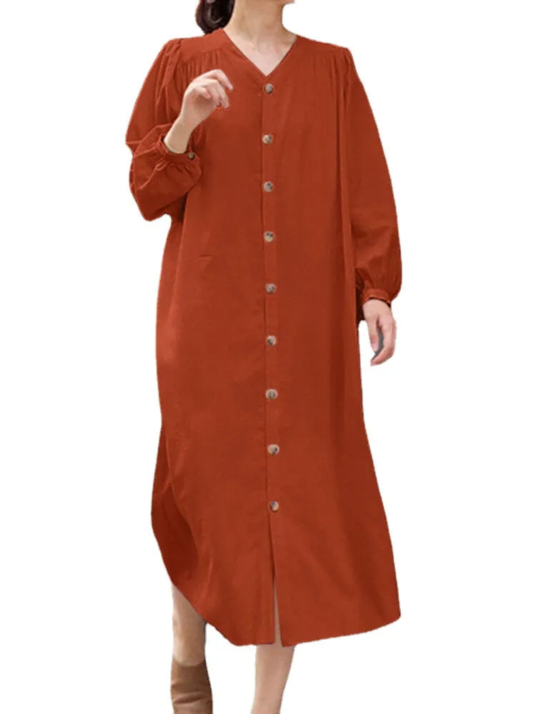 Solid Belt Button Long Sleeve V-neck Casual Shirt Dress