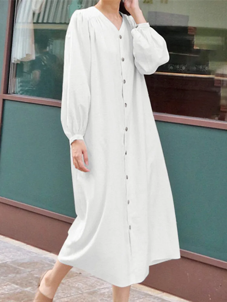 Solid Belt Button Long Sleeve V-neck Casual Shirt Dress