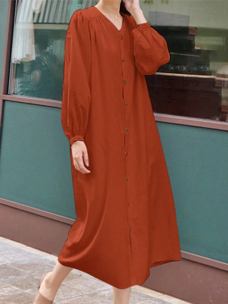 Solid Belt Button Long Sleeve V-neck Casual Shirt Dress