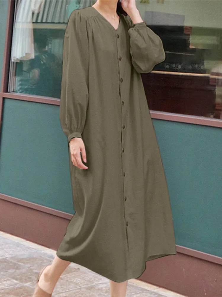 Solid Belt Button Long Sleeve V-neck Casual Shirt Dress