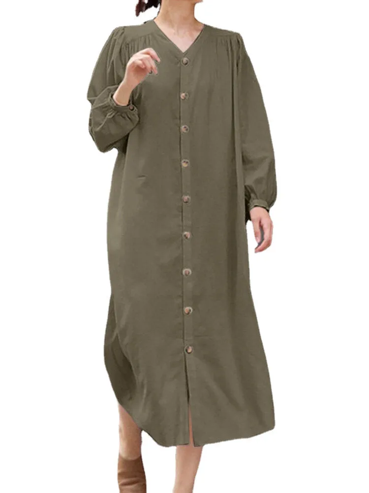 Solid Belt Button Long Sleeve V-neck Casual Shirt Dress