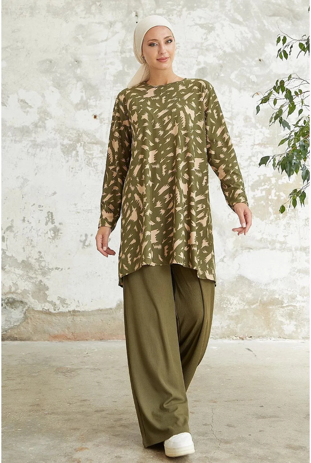 Two-Piece Modest Khaki Pant and Blouse Top