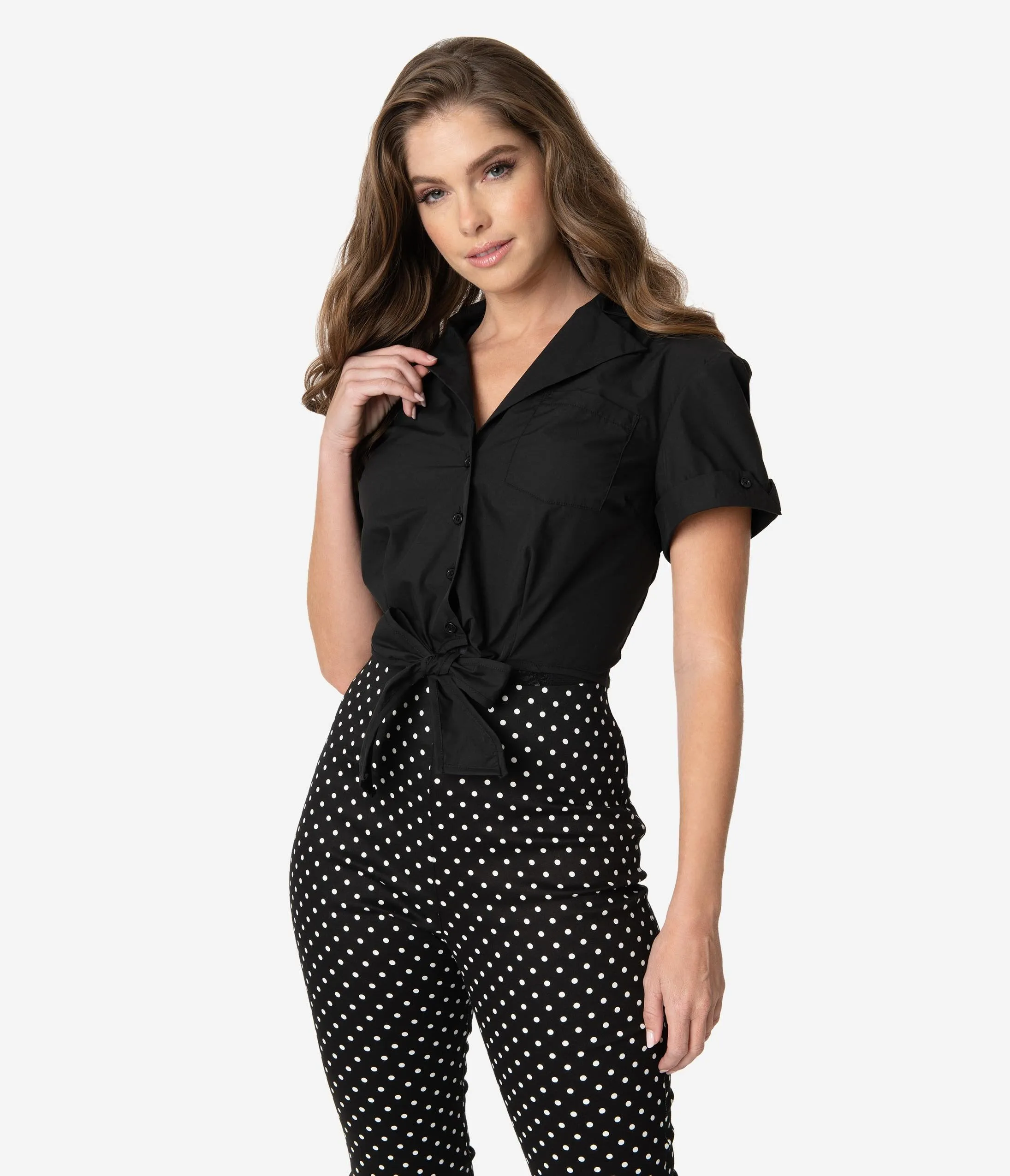 Unique Vintage Black Button Up Bow Shirley Crop Top