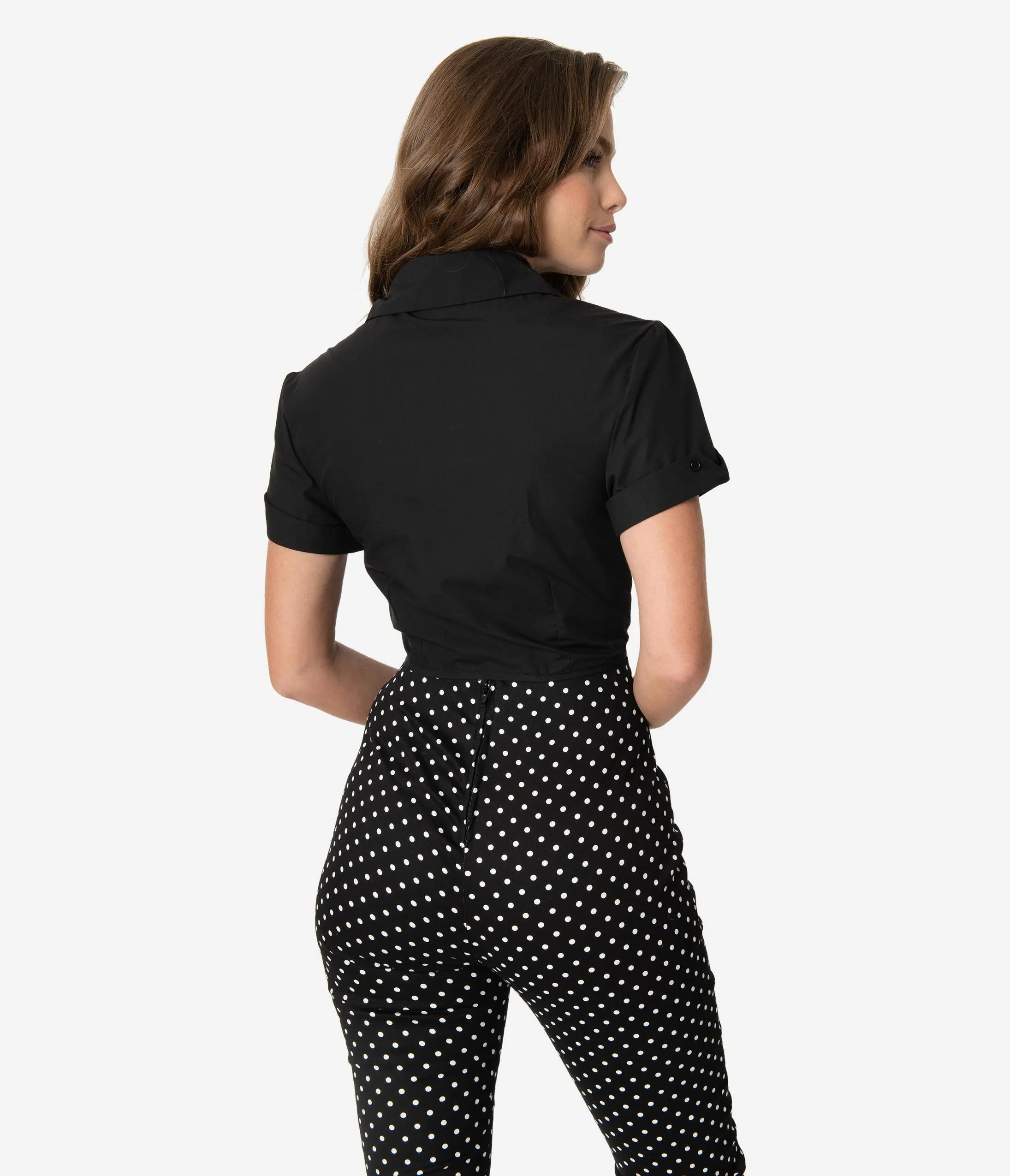 Unique Vintage Black Button Up Bow Shirley Crop Top