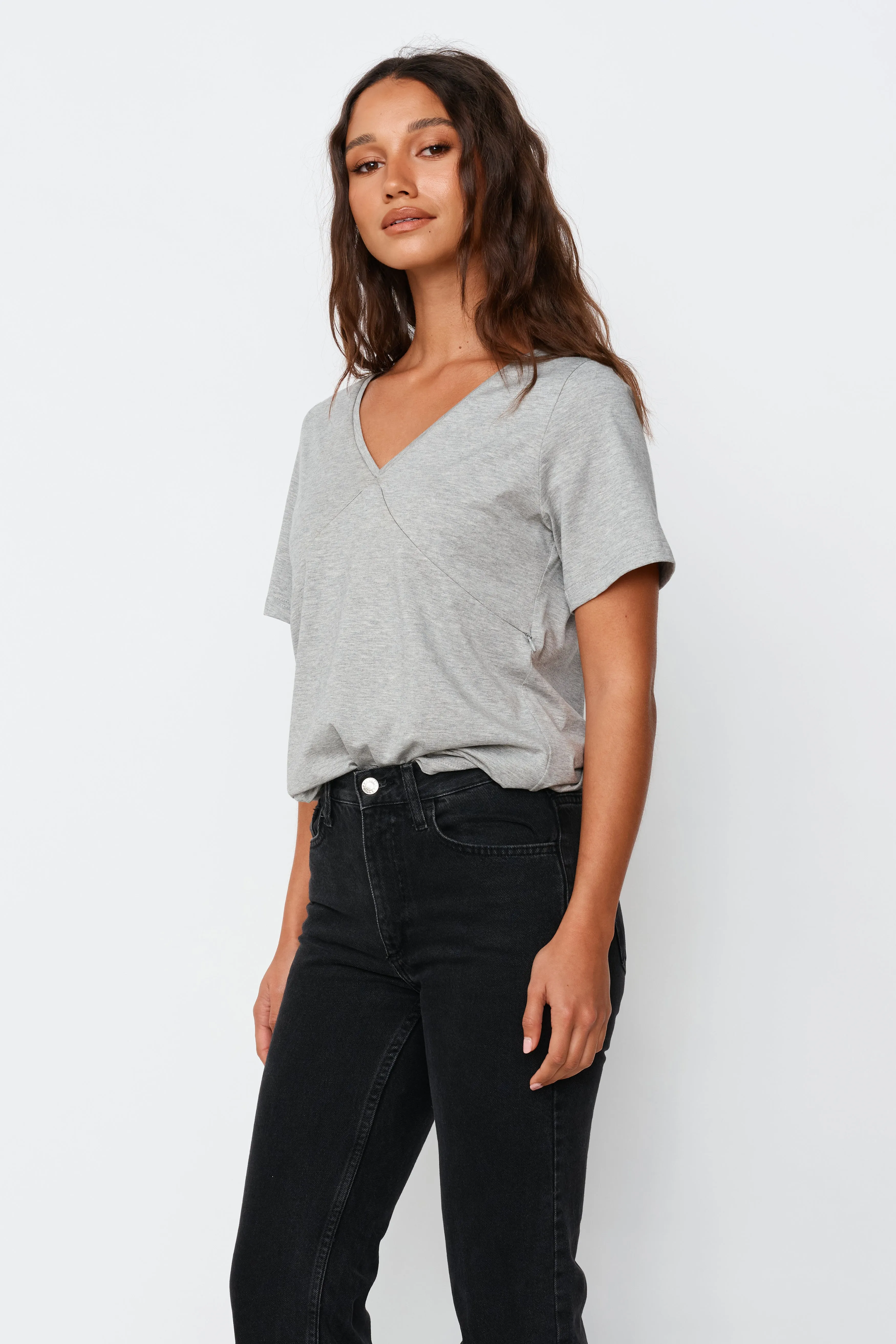 V-Neck Panel Tee - Grey Marle