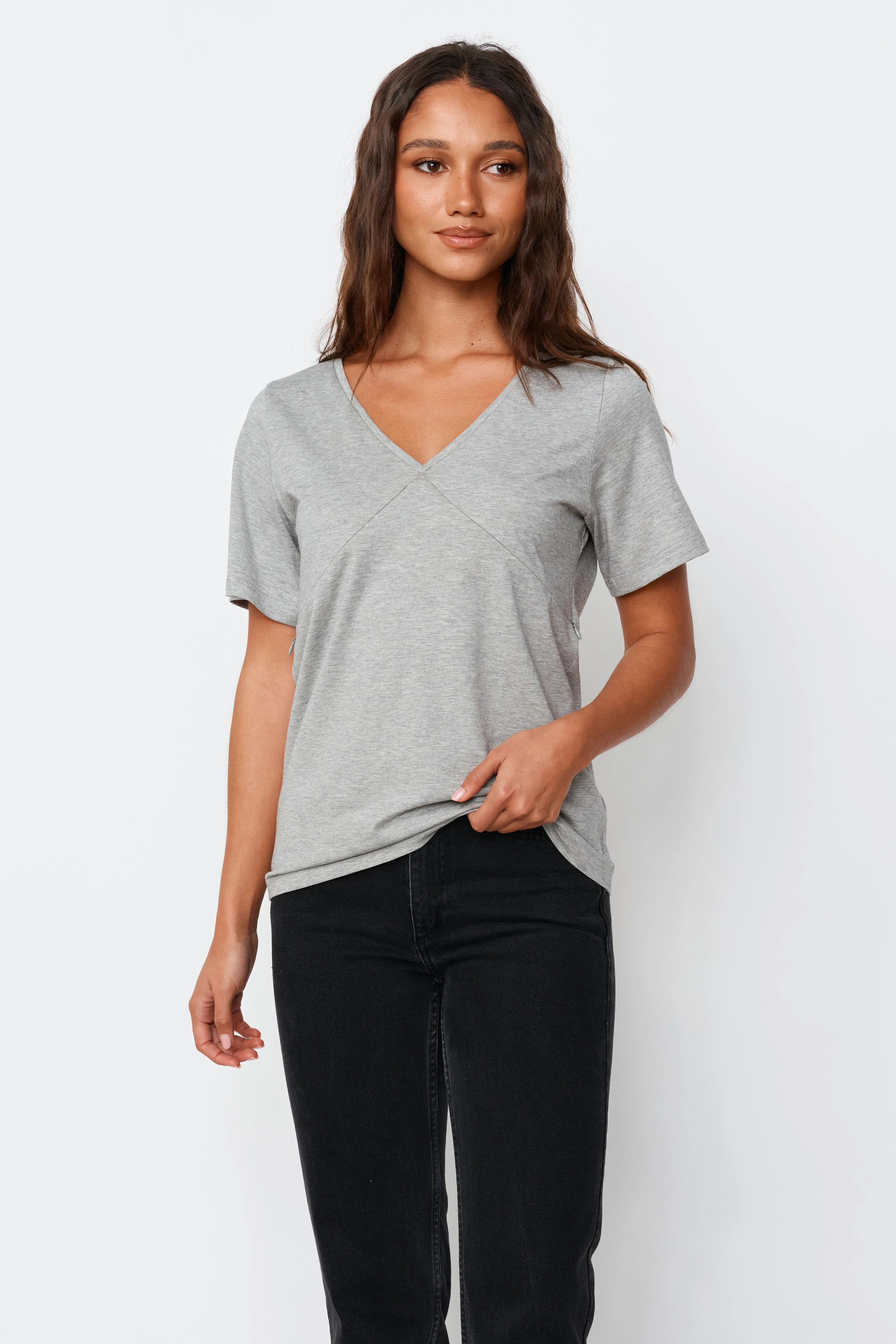 V-Neck Panel Tee - Grey Marle