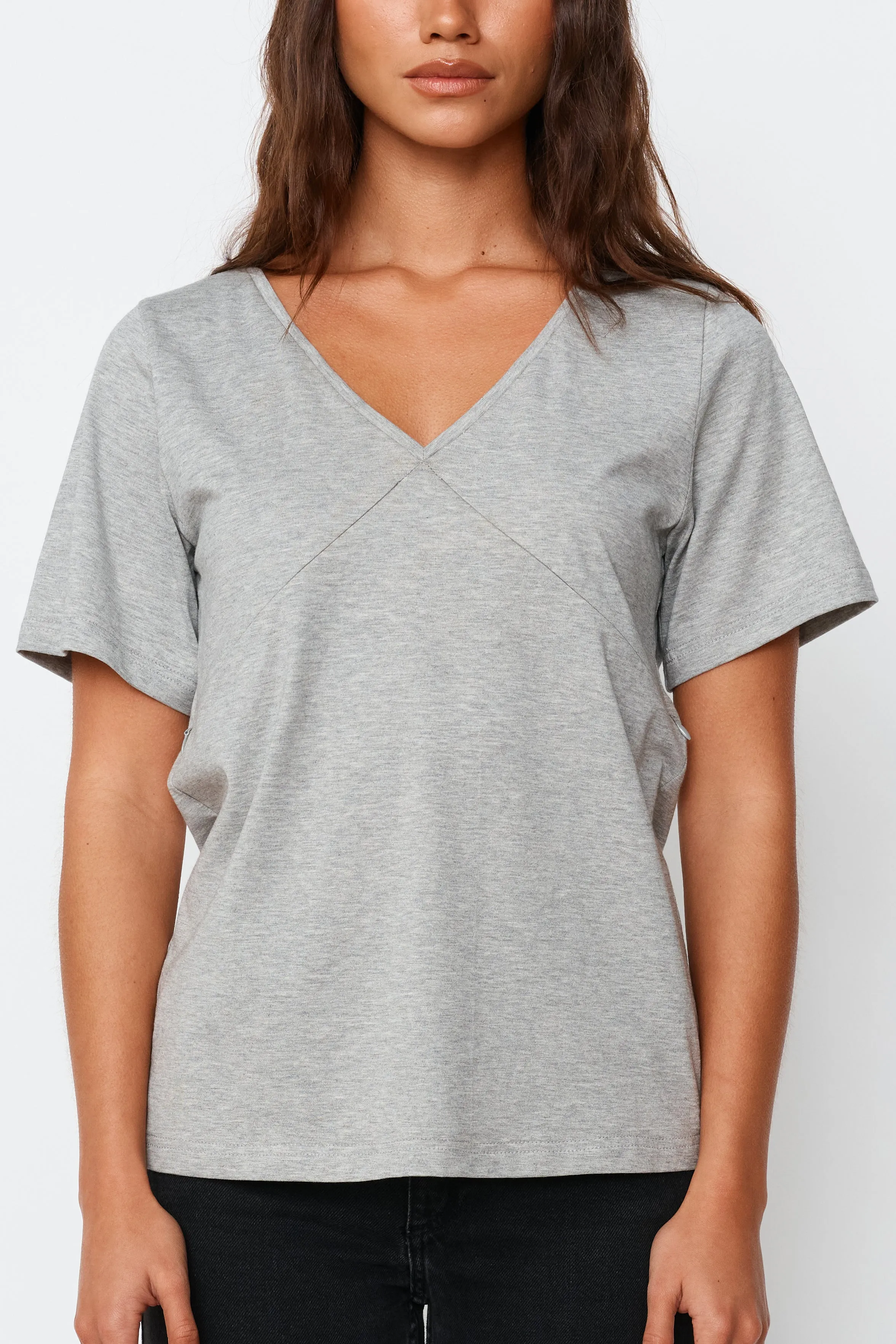 V-Neck Panel Tee - Grey Marle