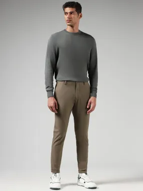 WES Formals Solid Khaki Slim-Fit Mid-Rise Trousers