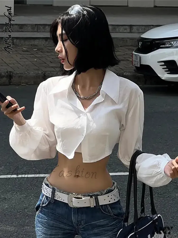 White Hollow Out Crop Turn Down Collar Streetwear Blouse