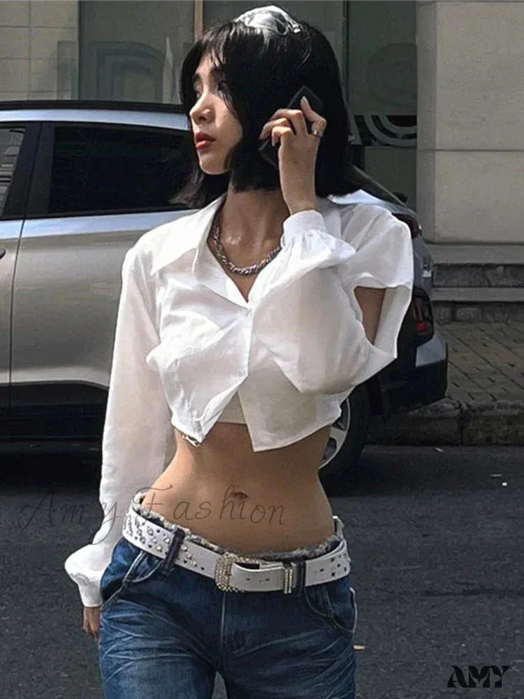 White Hollow Out Crop Turn Down Collar Streetwear Blouse