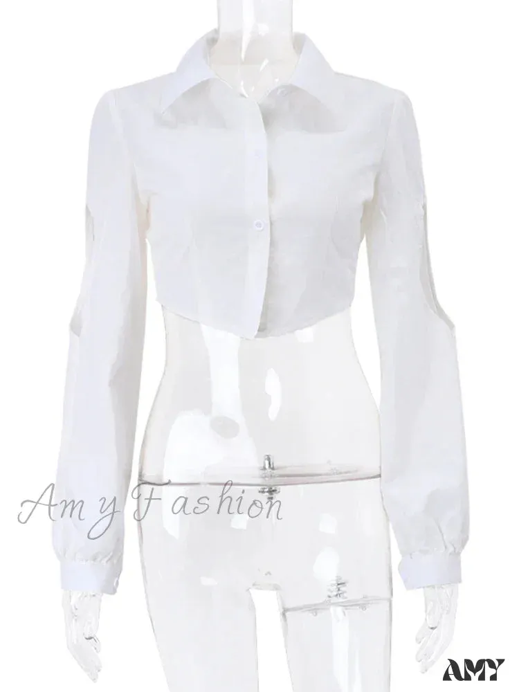 White Hollow Out Crop Turn Down Collar Streetwear Blouse