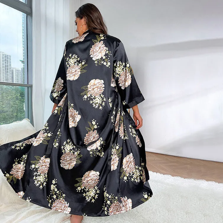 Women Floral Print Silk Robe Deep V Neck Luxury Silk Nightwear