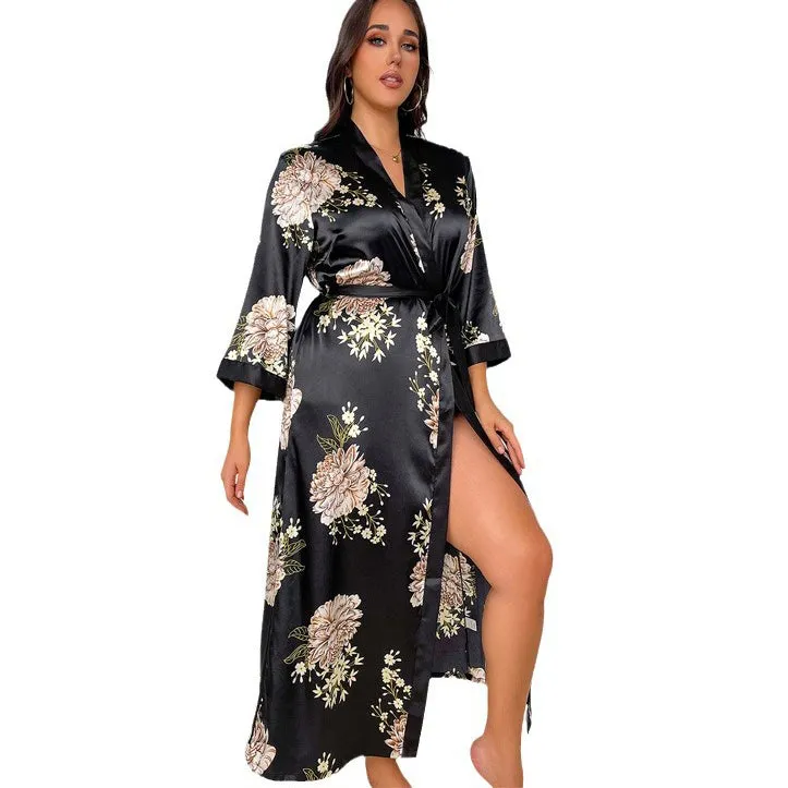 Women Floral Print Silk Robe Deep V Neck Luxury Silk Nightwear