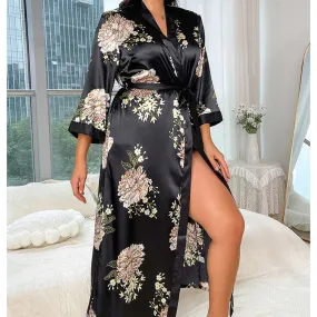 Women Floral Print Silk Robe Deep V Neck Luxury Silk Nightwear