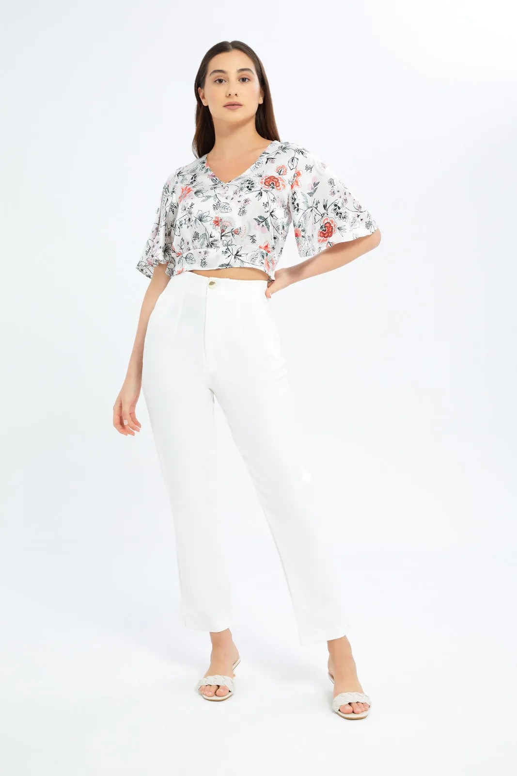 Women White Printed Satin Crop Blouse