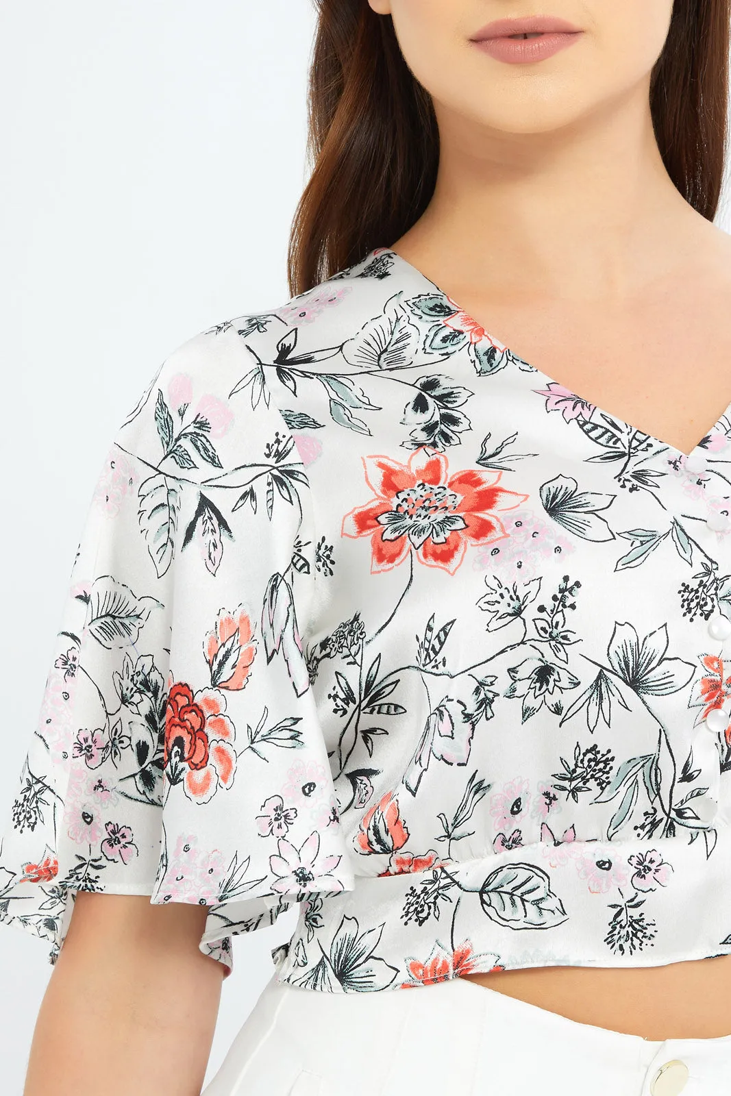 Women White Printed Satin Crop Blouse